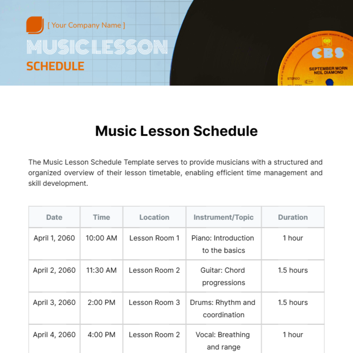 Music Lesson Schedule Template