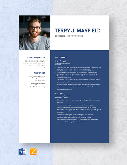 Free Housekeeping Attendant Resume Template - Word, Apple Pages