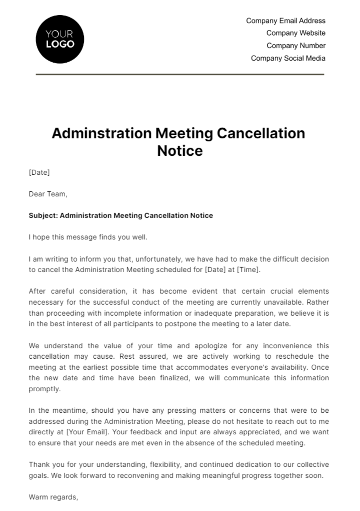 Free Administration Meeting Cancellation Notice Template
