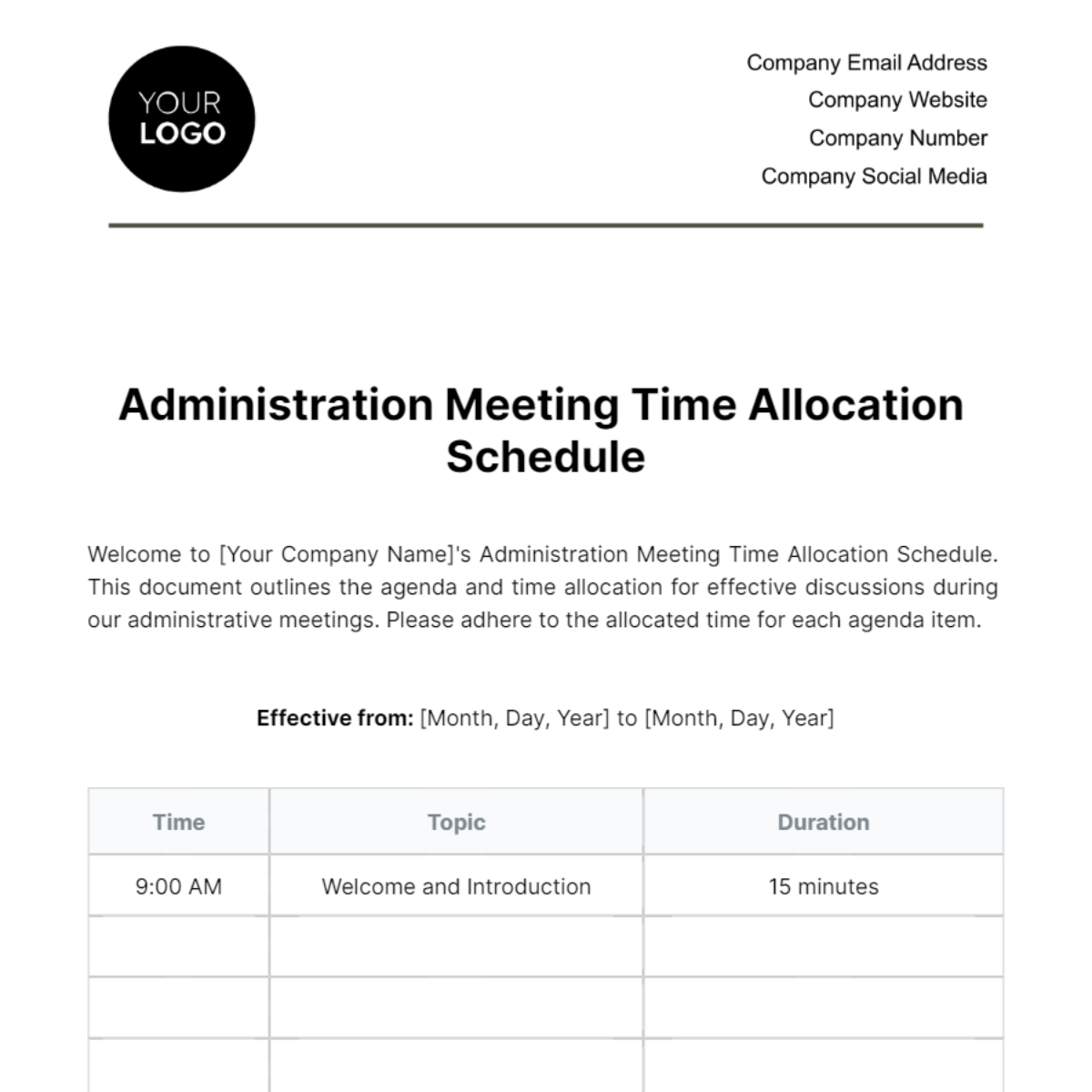 Administration Meeting Time Allocation Schedule Template Edit Online