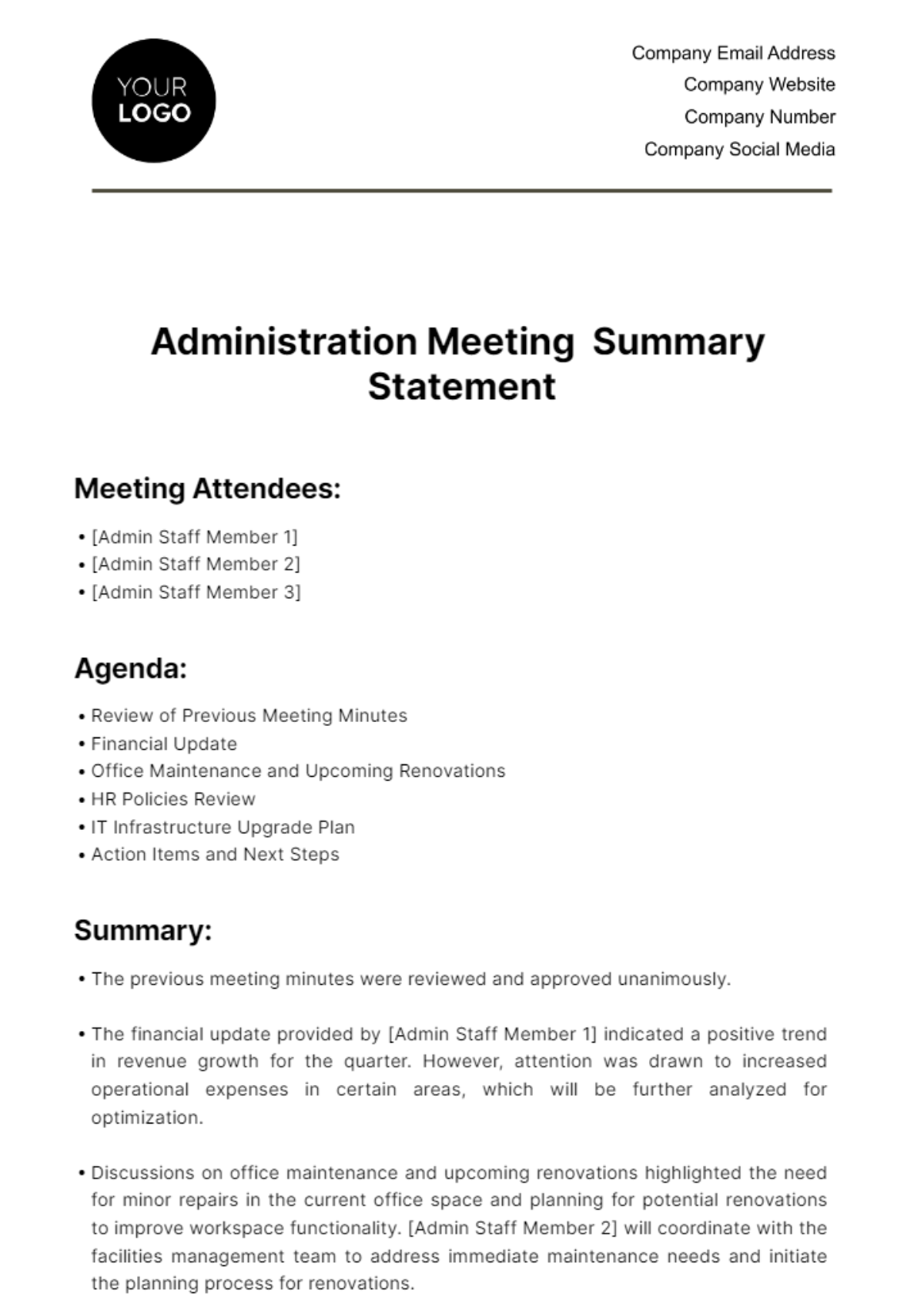 Administration Meeting Summary Statement Template