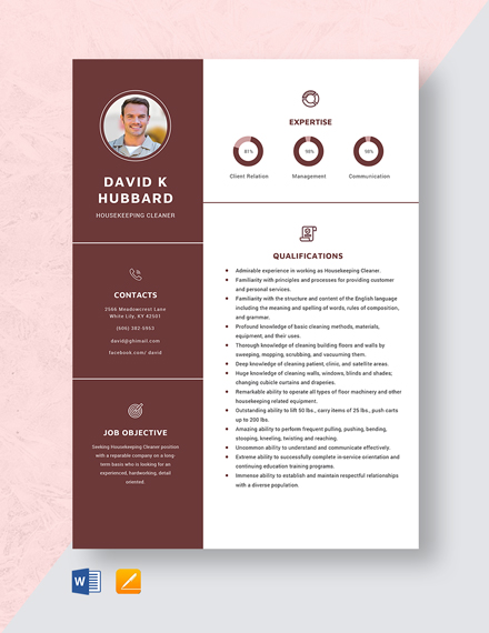Housekeeping Cleaner Resume Template - Word, Apple Pages