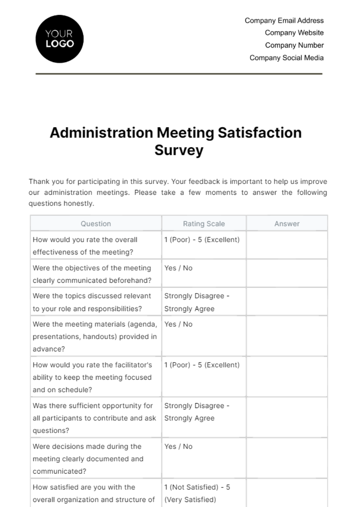 Free Administration Meeting Satisfaction Survey Template