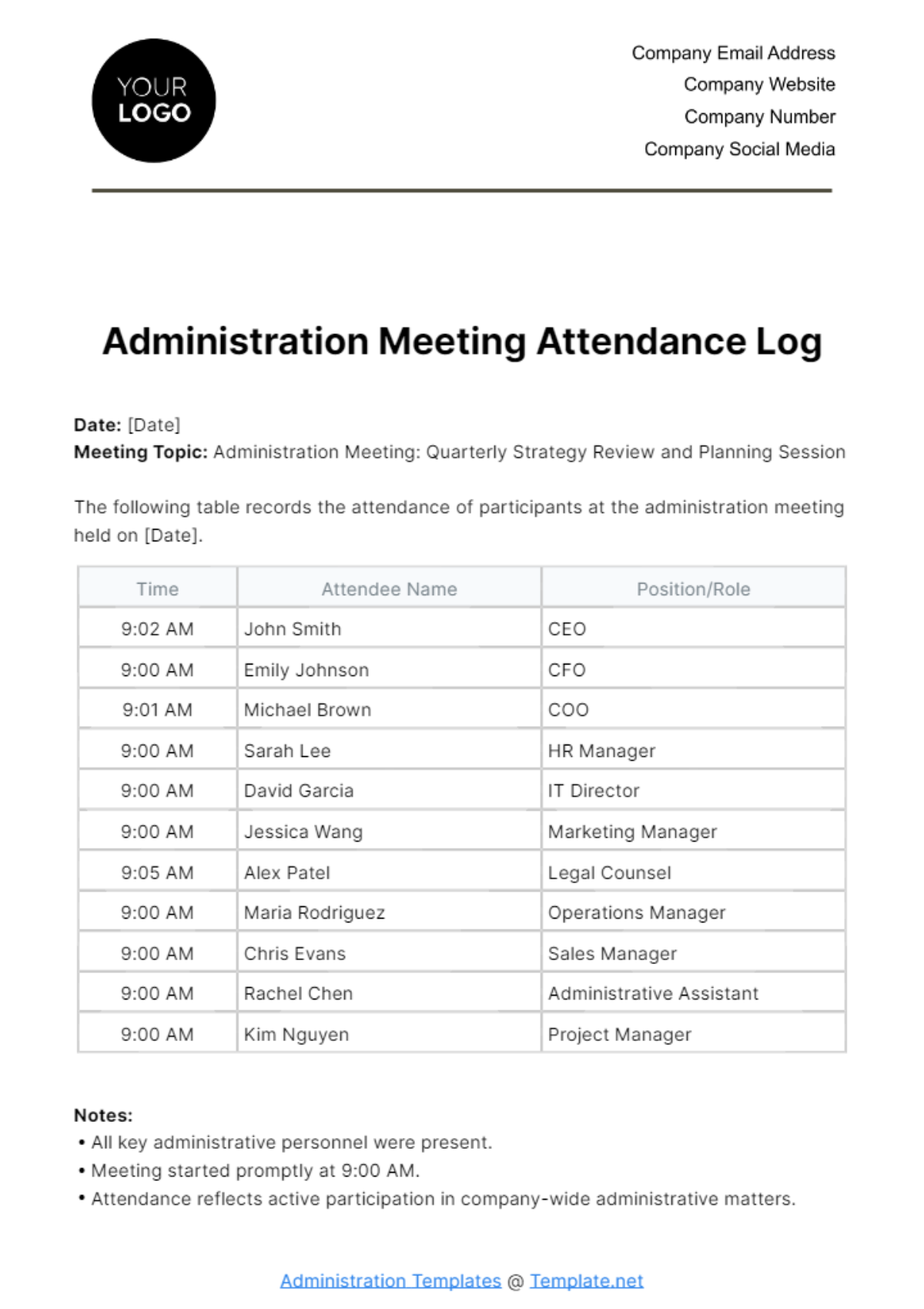 Free Administration Meeting Attendance Log Template
