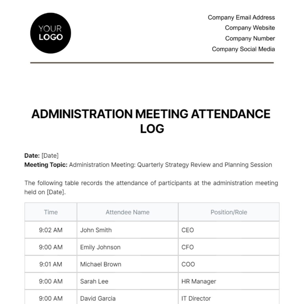 Administration Meeting Attendance Log Template - Edit Online & Download ...