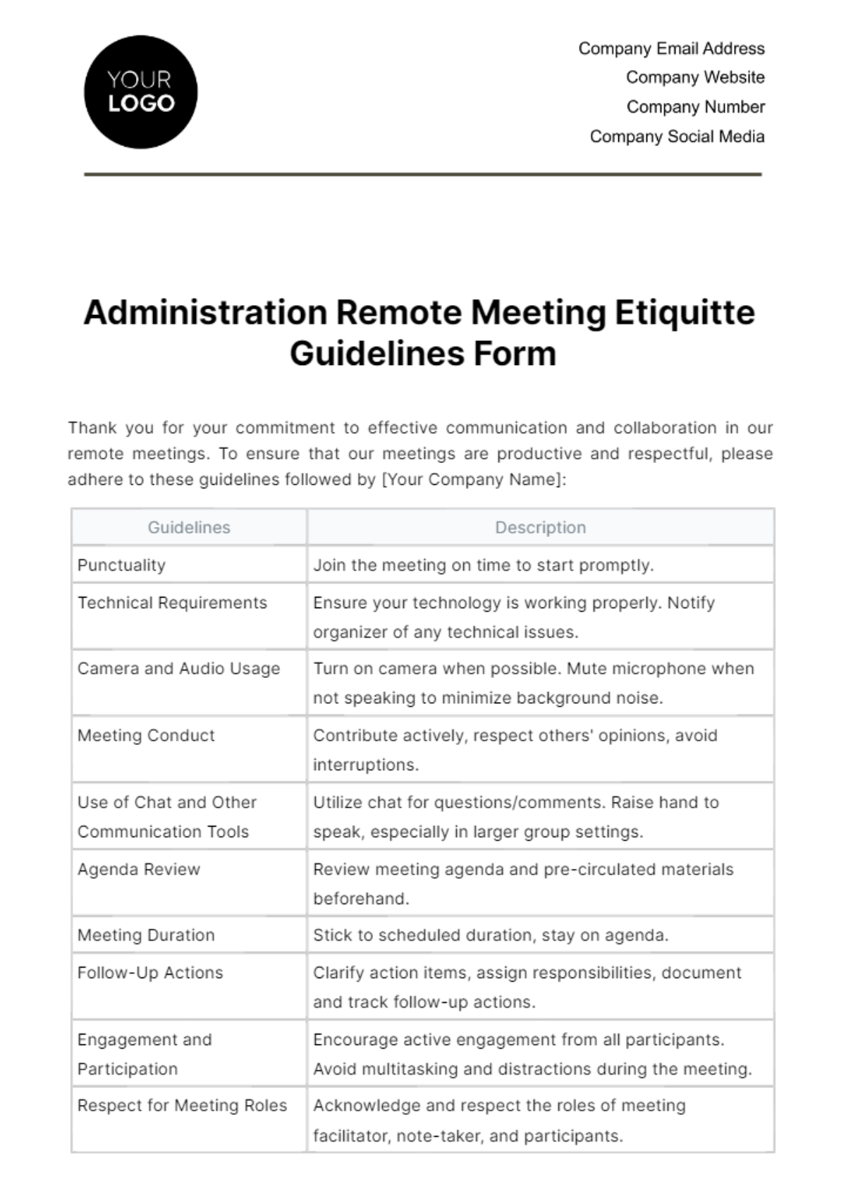 Administration Remote Meeting Etiquette Guidelines Form Template
