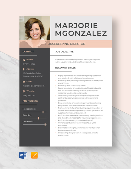 Housekeeping Director Resume Template - Word, Apple Pages