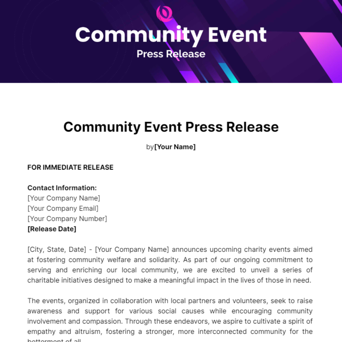 Community Event Press Release Template