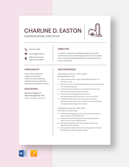 Housekeeping Executive Resume Template - Word, Apple Pages