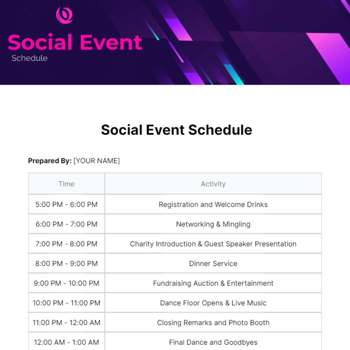 Social Event Schedule Template
