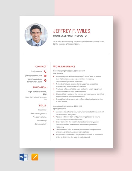 Housekeeping Inspector Resume Template - Word, Apple Pages