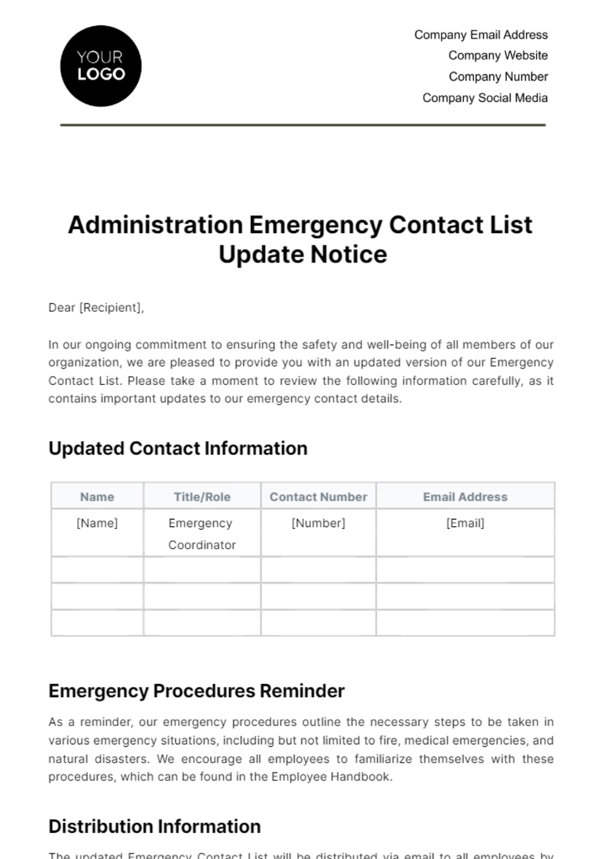 Administration Emergency Contact List Update Notice Template