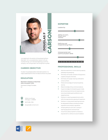 Free Housekeeping Room Attendant Resume Template - Word, Apple Pages