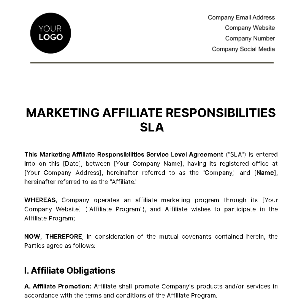Marketing Affiliate Responsibilities SLA Template