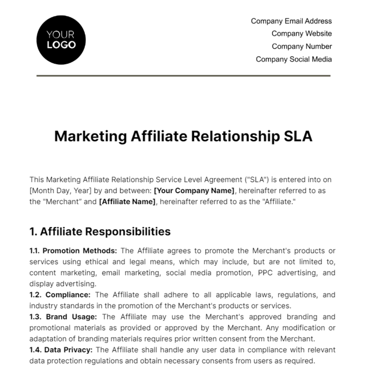 Free Marketing Affiliate Relationship SLA Template
