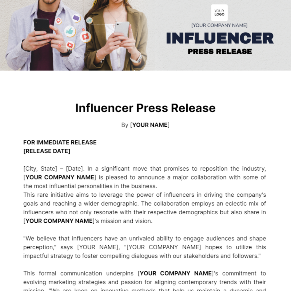 Influencer Press Release Template