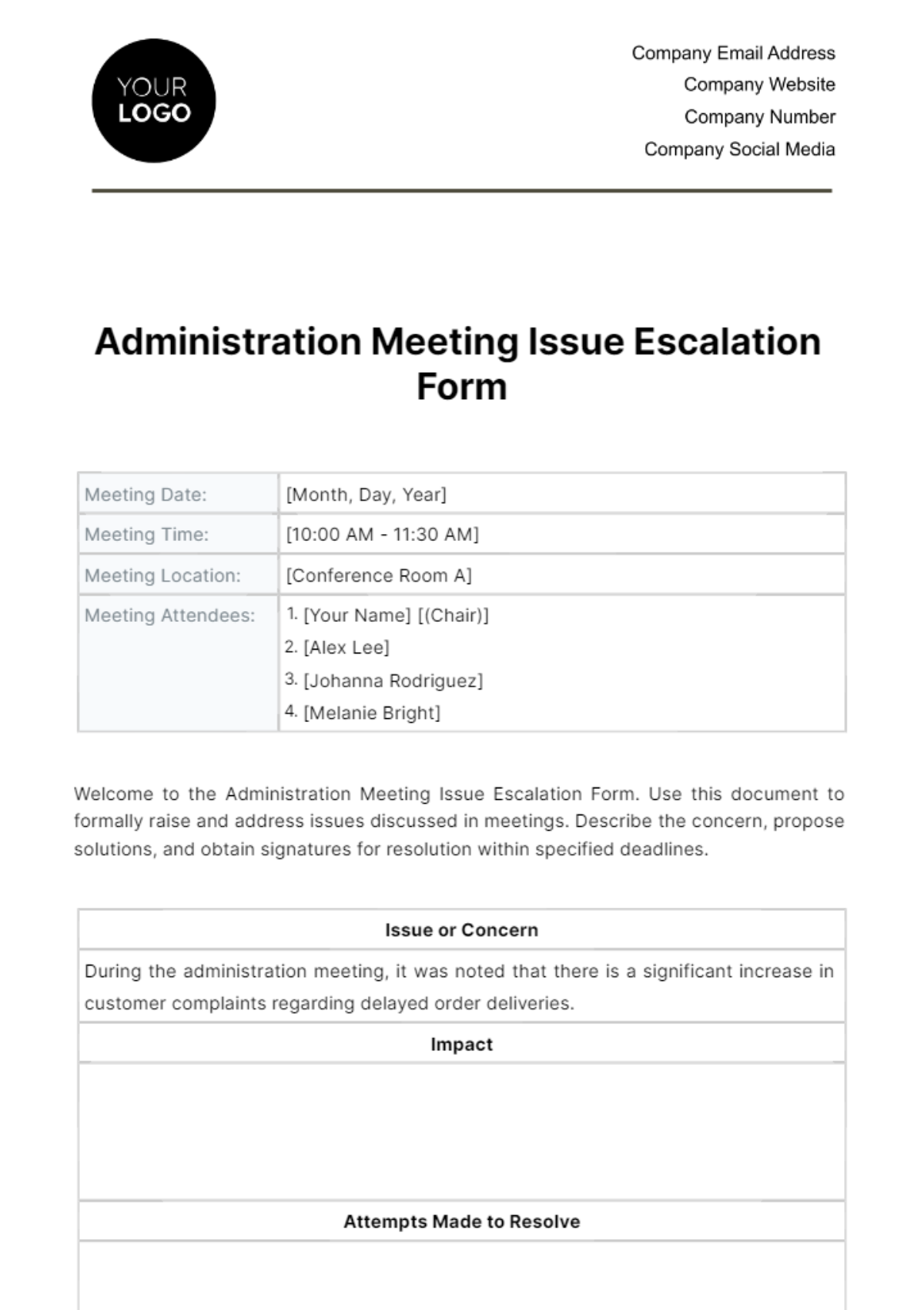 Free Administration Meeting Issue Escalation Form Template