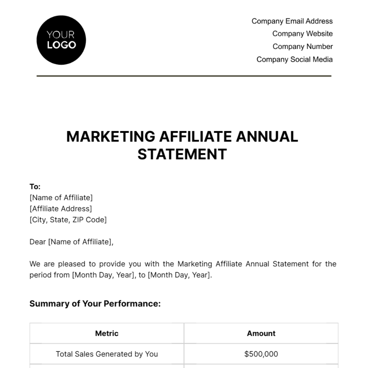 Marketing Affiliate Annual Statement Template