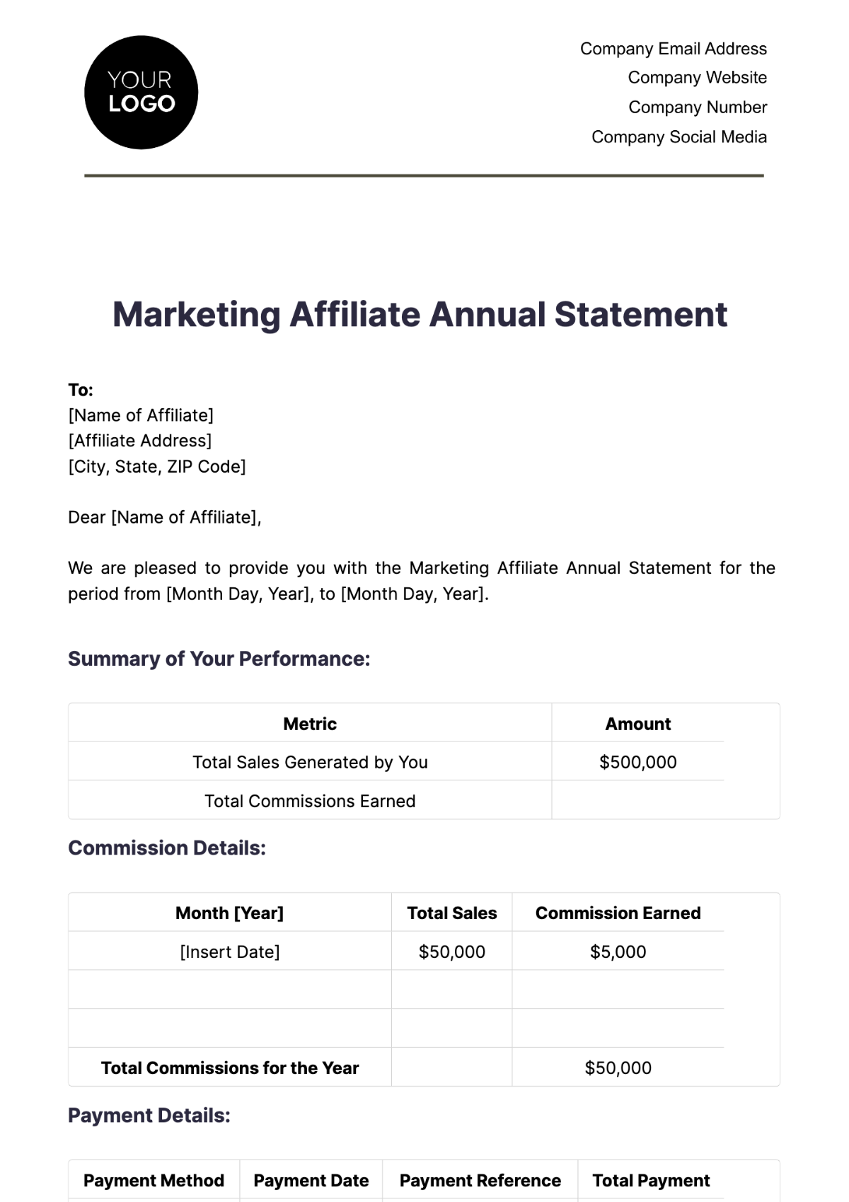 Marketing Affiliate Annual Statement Template - Edit Online & Download