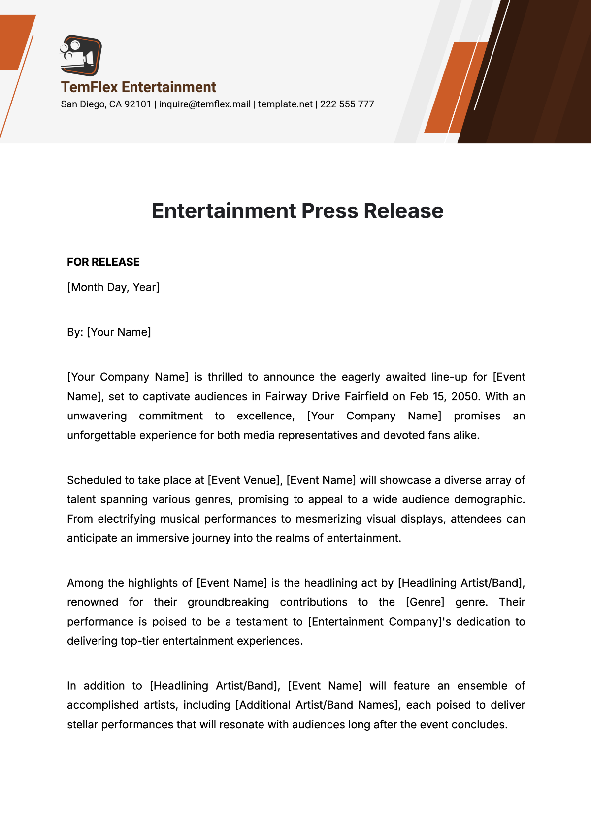 Entertainment Press Release Template - Edit Online & Download