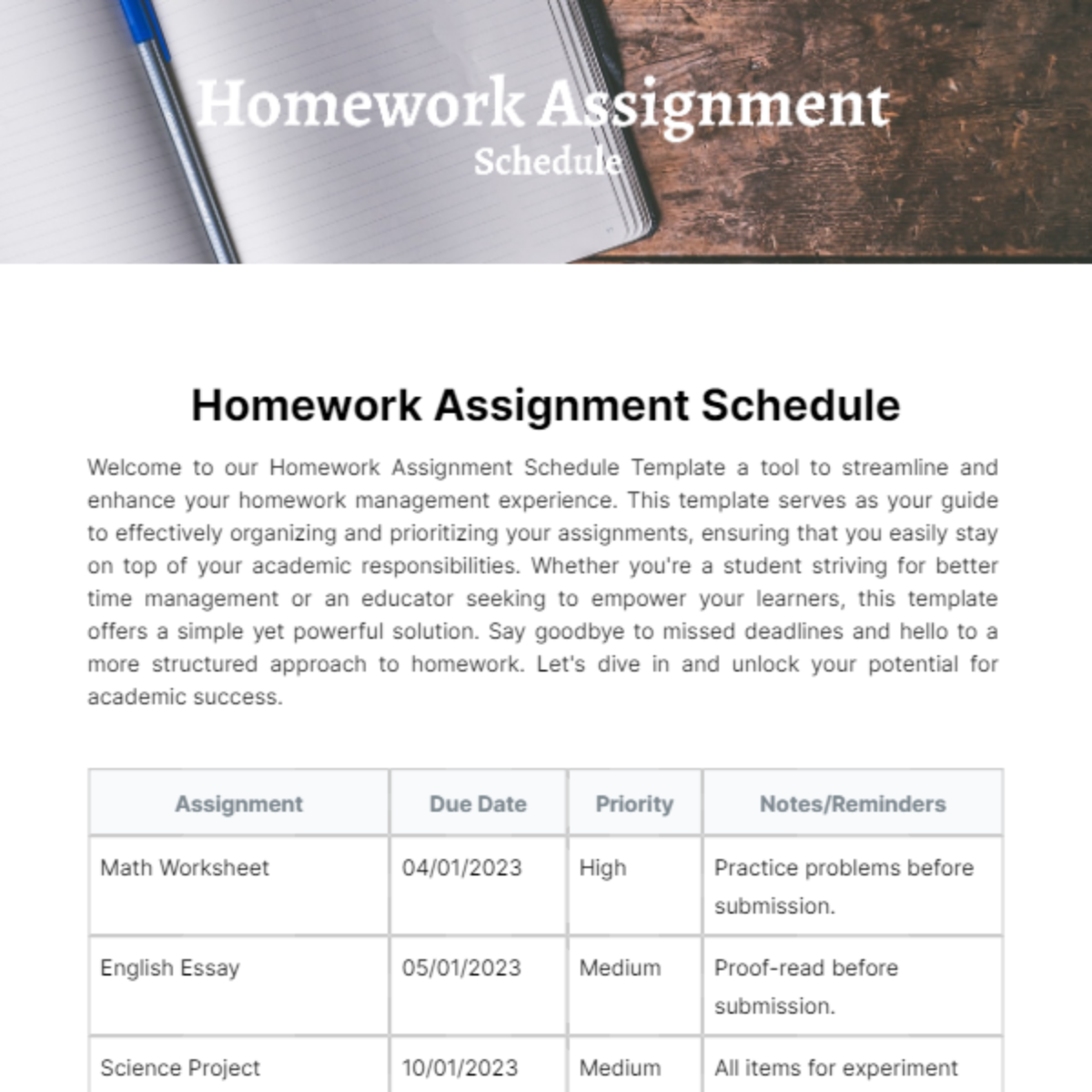 Homework Assignment Schedule Template