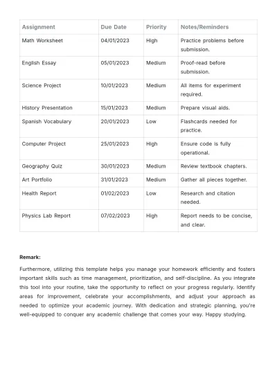 Free Homework Assignment Schedule Template to Edit Online