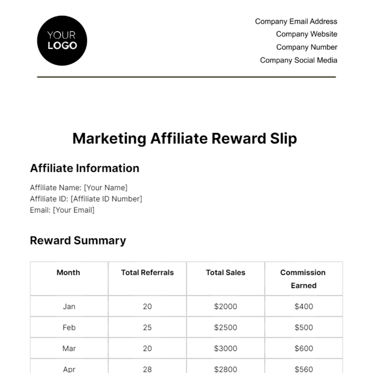 Marketing Affiliate Reward Slip Template