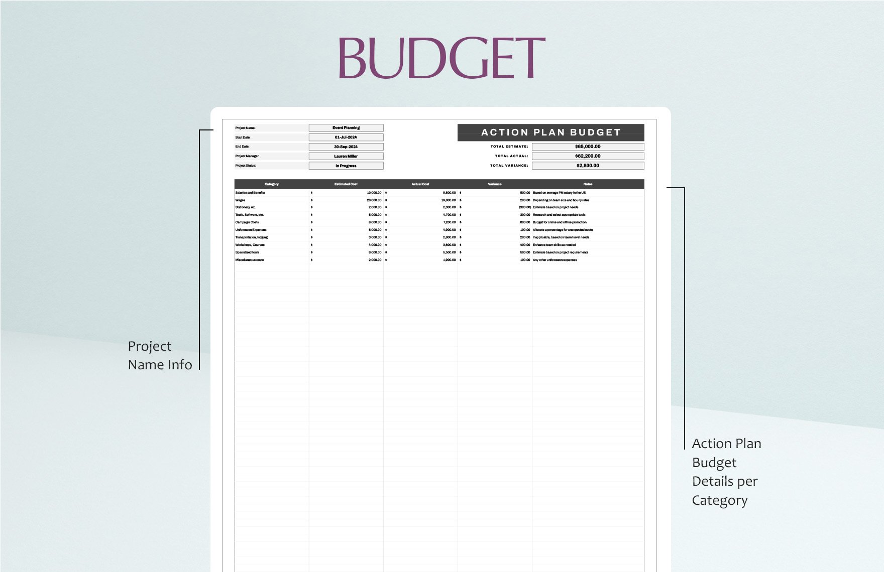 Action Plan Budget Template
