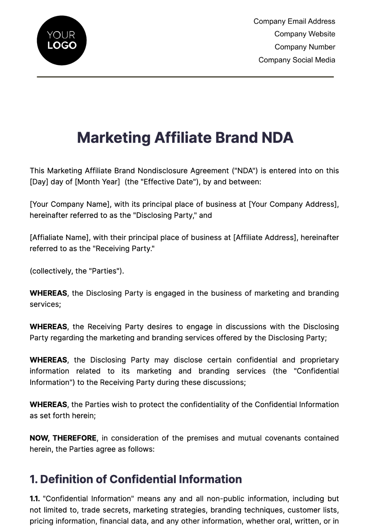 Marketing Affiliate Brand NDA Template - Edit Online & Download