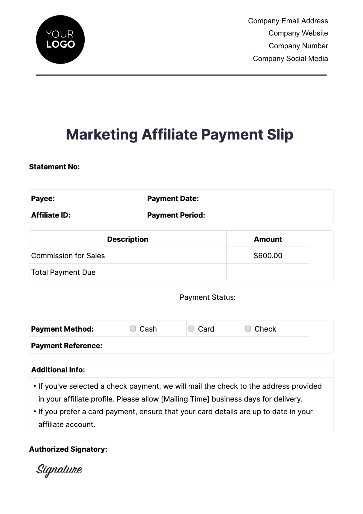 Marketing Affiliate Payment Slip Template - Edit Online & Download