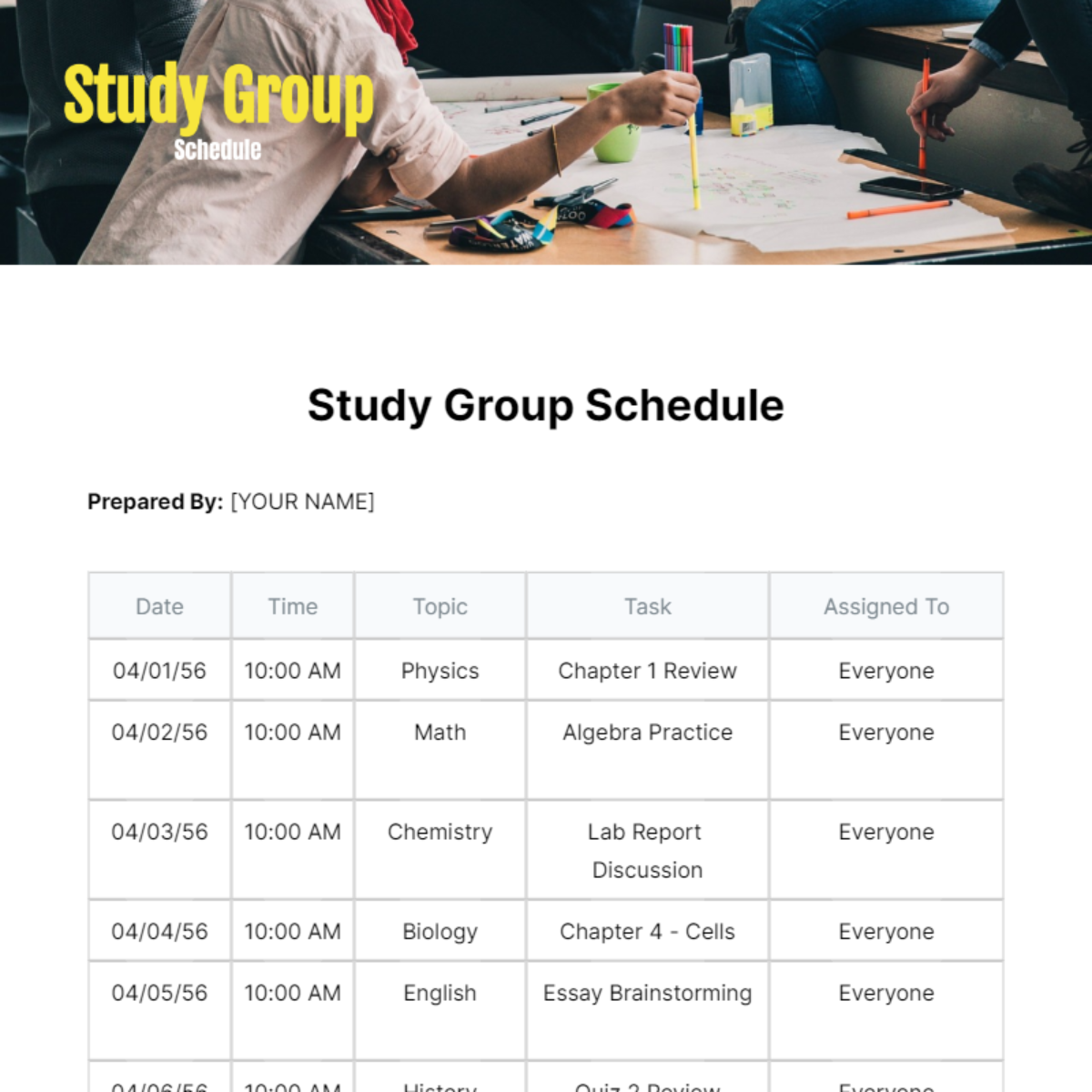 Study Group Schedule Template