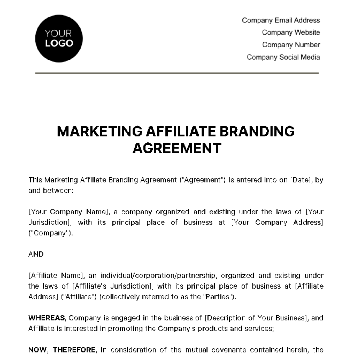 Marketing Affiliate Branding Agreement Template