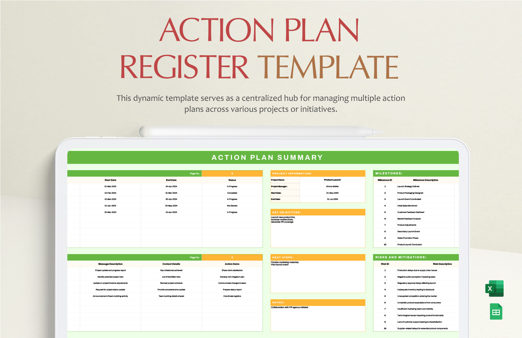 Action Plan Register Template in Excel, Google Sheets