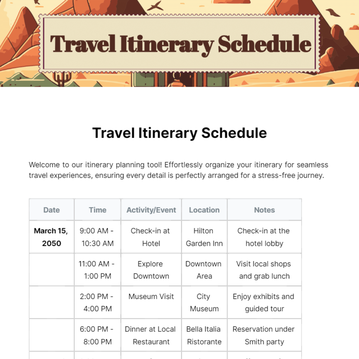 Free Travel Itinerary Schedule Template