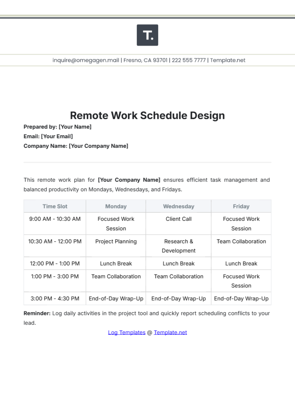 Remote Work Schedule Design Template