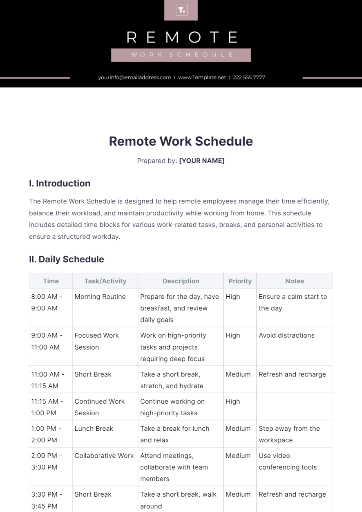 Remote Work Schedule Template - Edit Online & Download