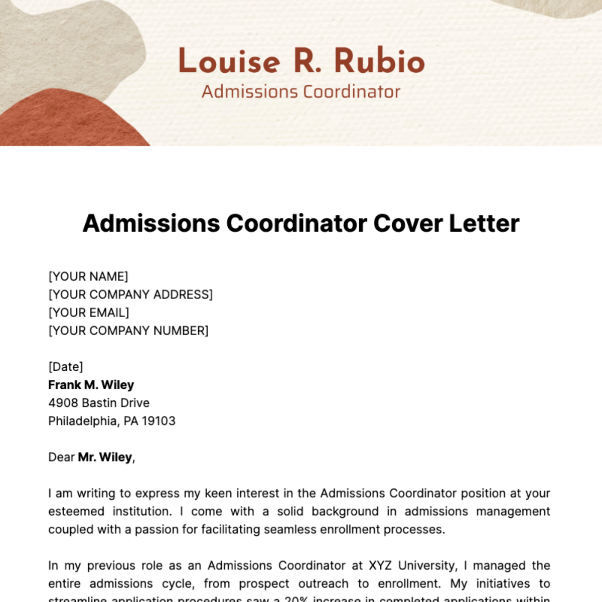 Admissions Coordinator Cover Letter Template