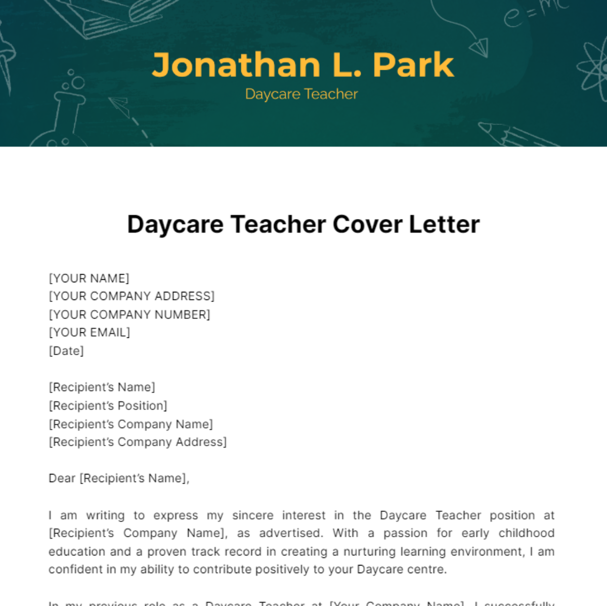 Daycare Teacher Cover Letter Template