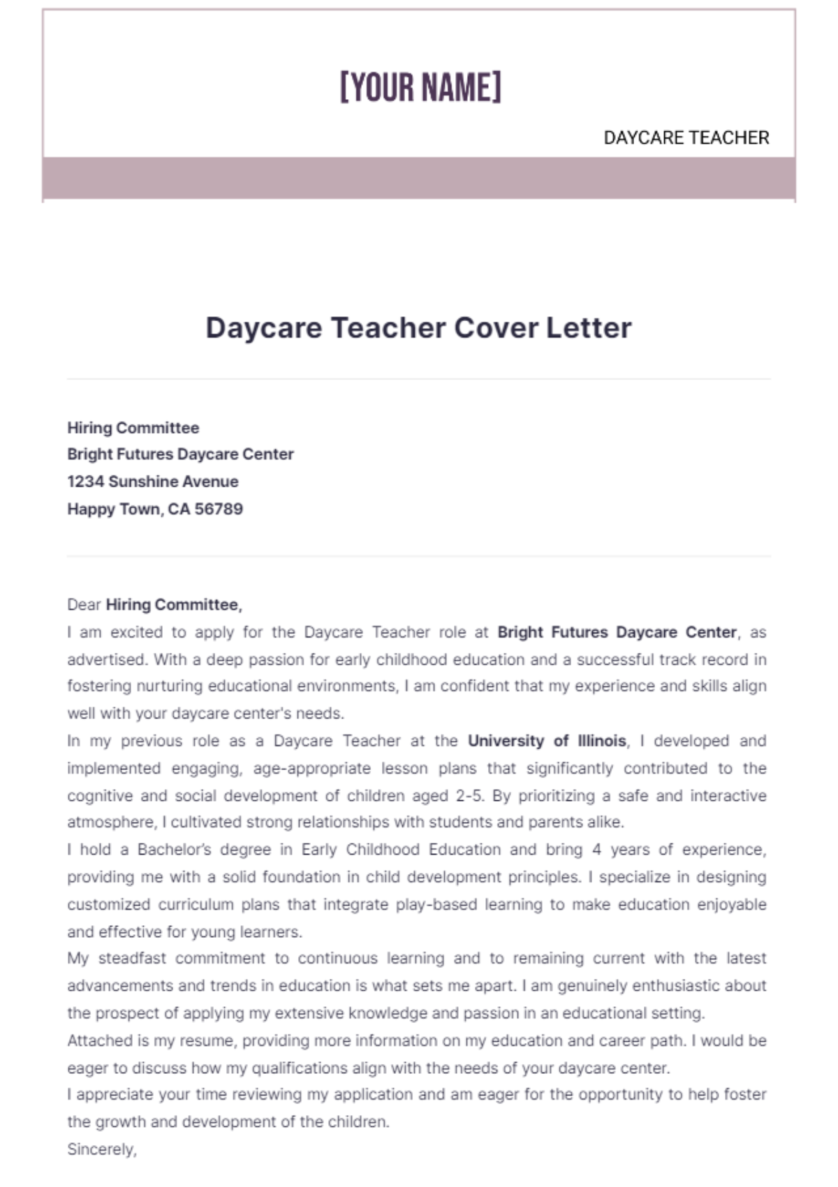 Daycare Teacher Cover Letter - Edit Online & Download