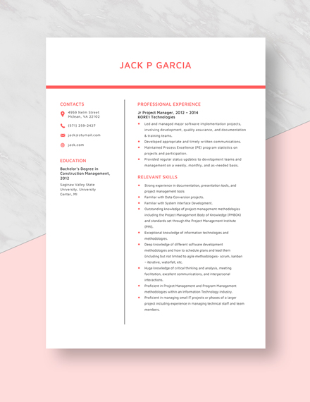 Jr Project Manager Resume Template