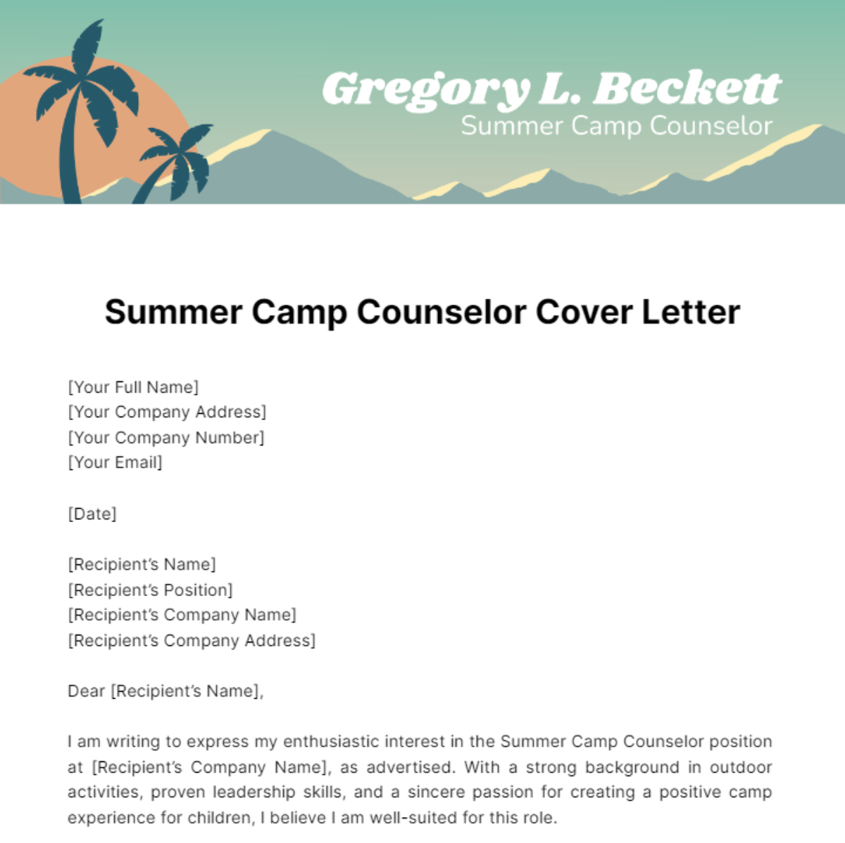 Summer Camp Counselor Cover Letter Template
