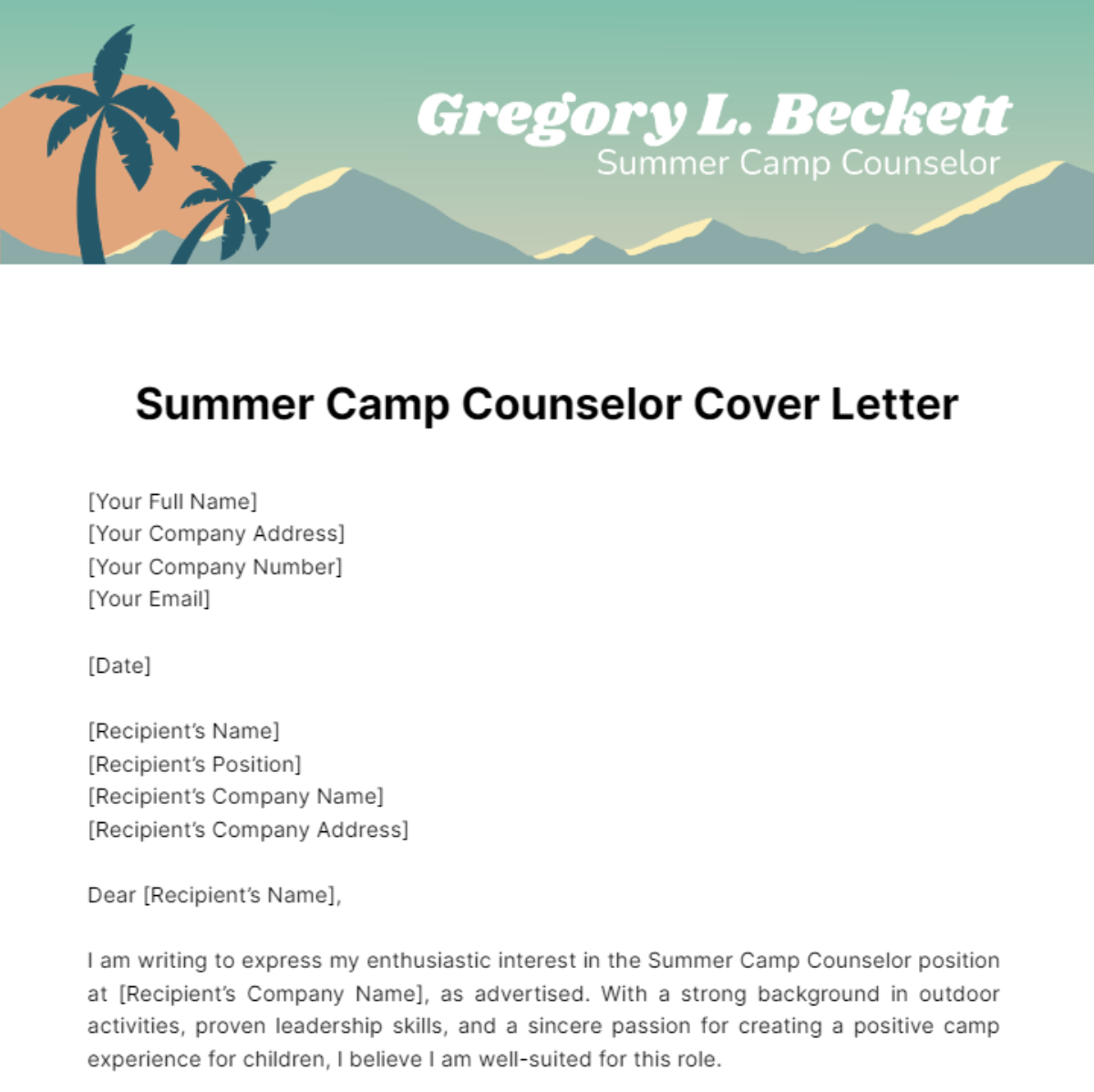 Summer Camp Counselor Cover Letter Template - Edit Online & Download