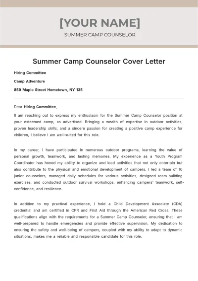 Free Summer Camp Counselor Cover Letter to Edit Online
