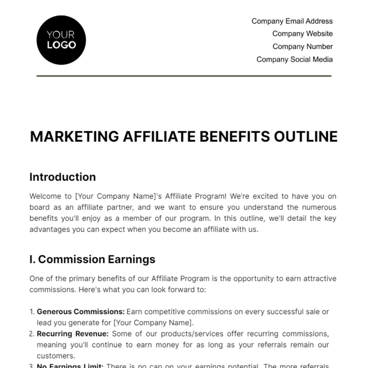 Free Marketing Affiliate Benefits Outline Template