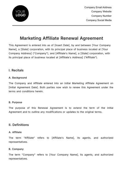 Free Marketing Affiliate Renewal Agreement Template to Edit Online