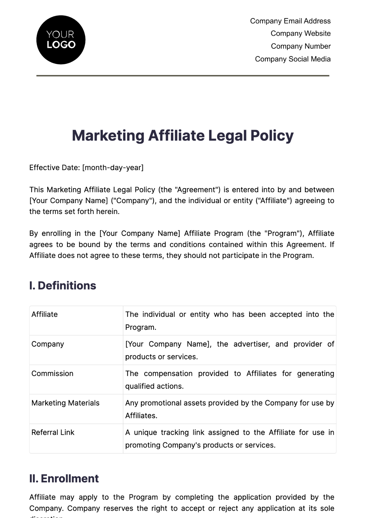 Marketing Affiliate Legal Policy Template - Edit Online & Download