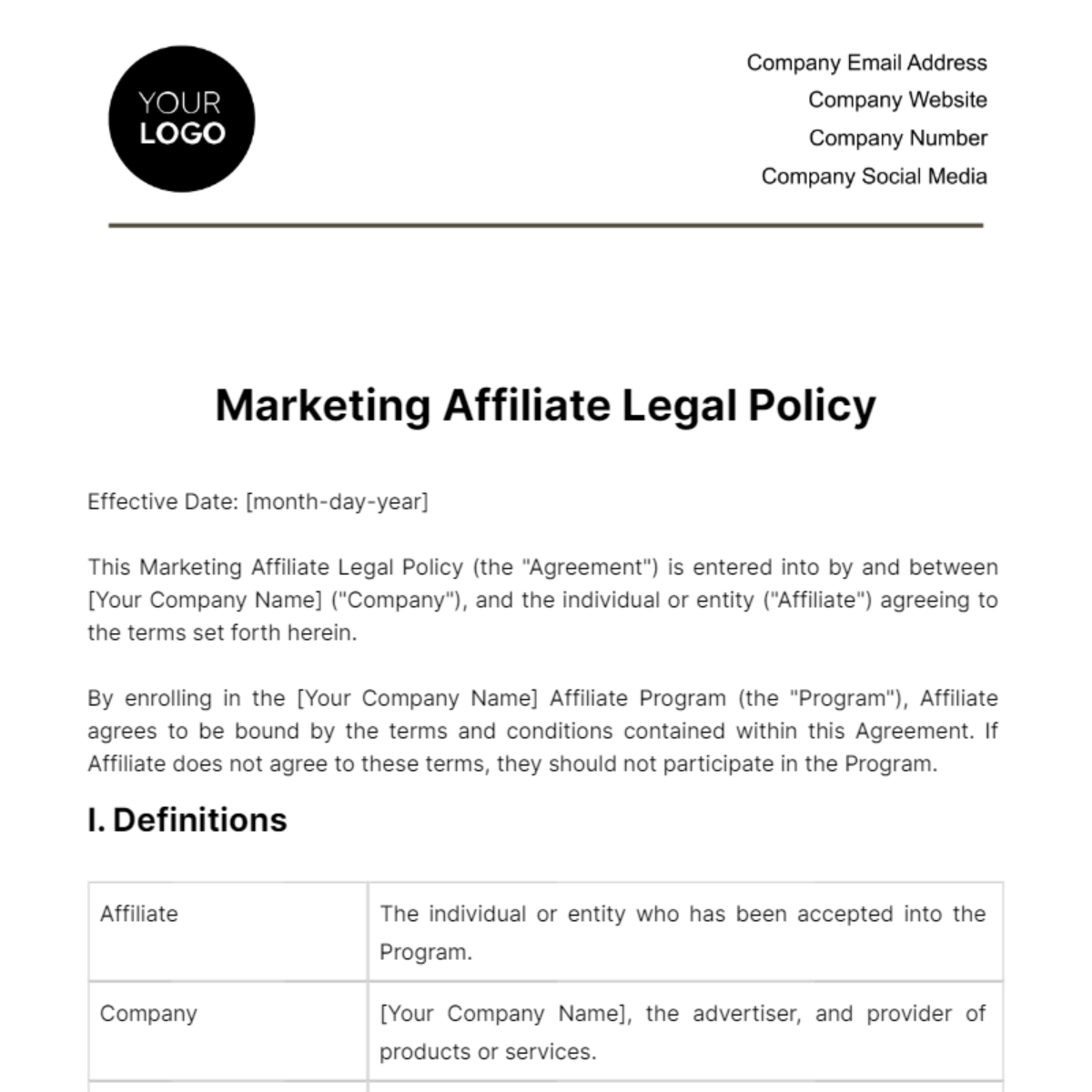 Marketing Affiliate Legal Policy Template