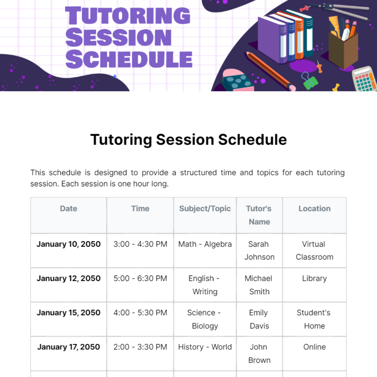 Tutoring Session Schedule Template