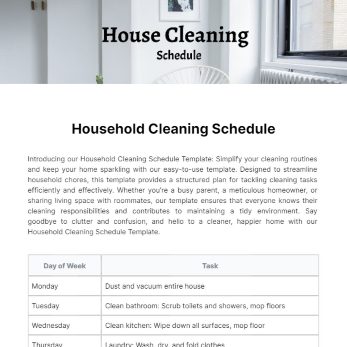 Household Cleaning Schedule Template