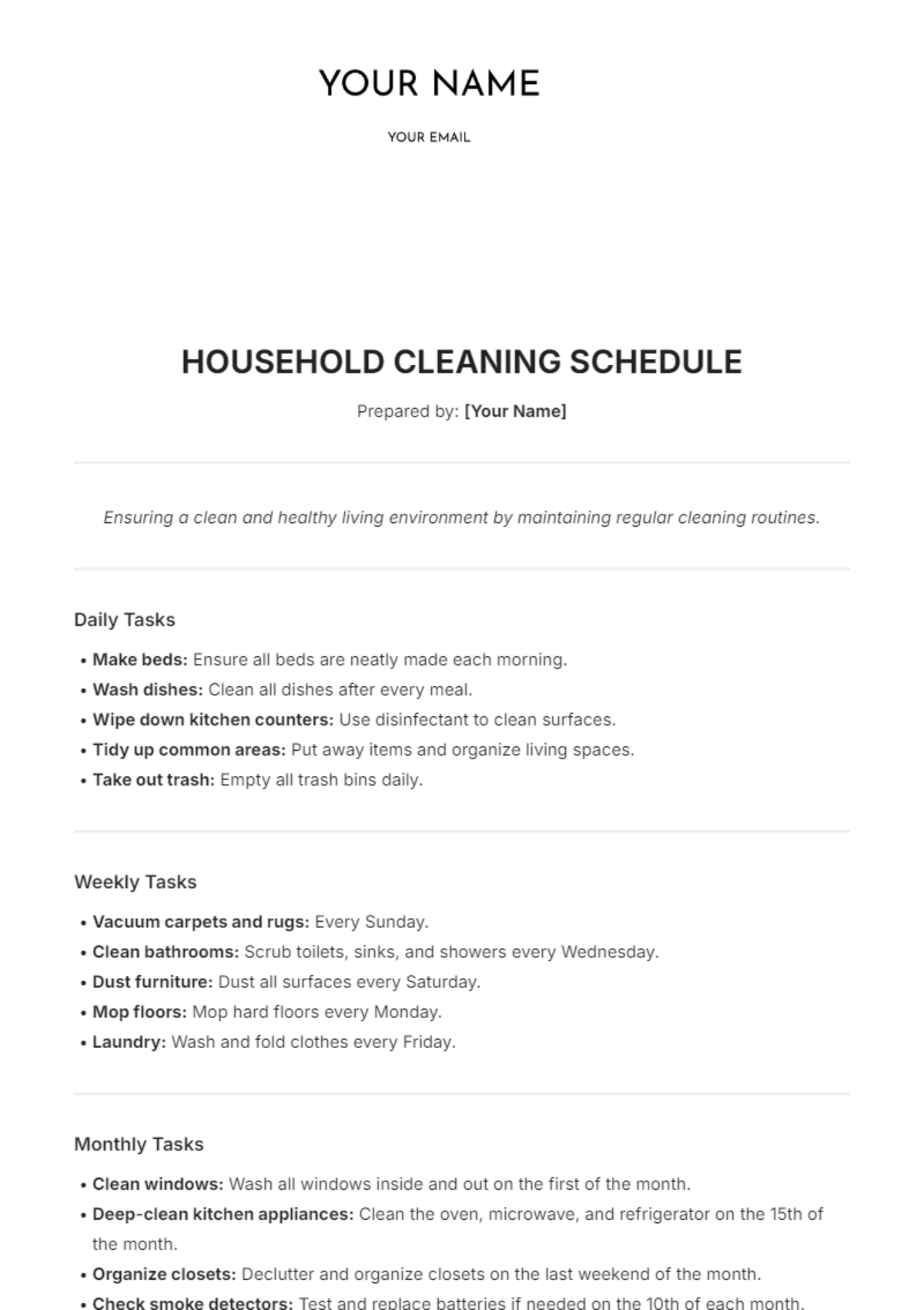 Household Cleaning Schedule Template - Edit Online & Download